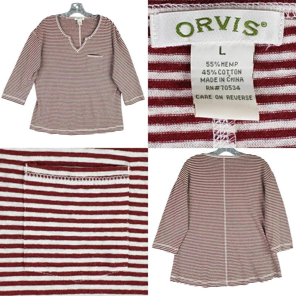 Orvis Pullover Shirt Womens Size L Large Red Stripe Hemp Cotton Blend Pocket
